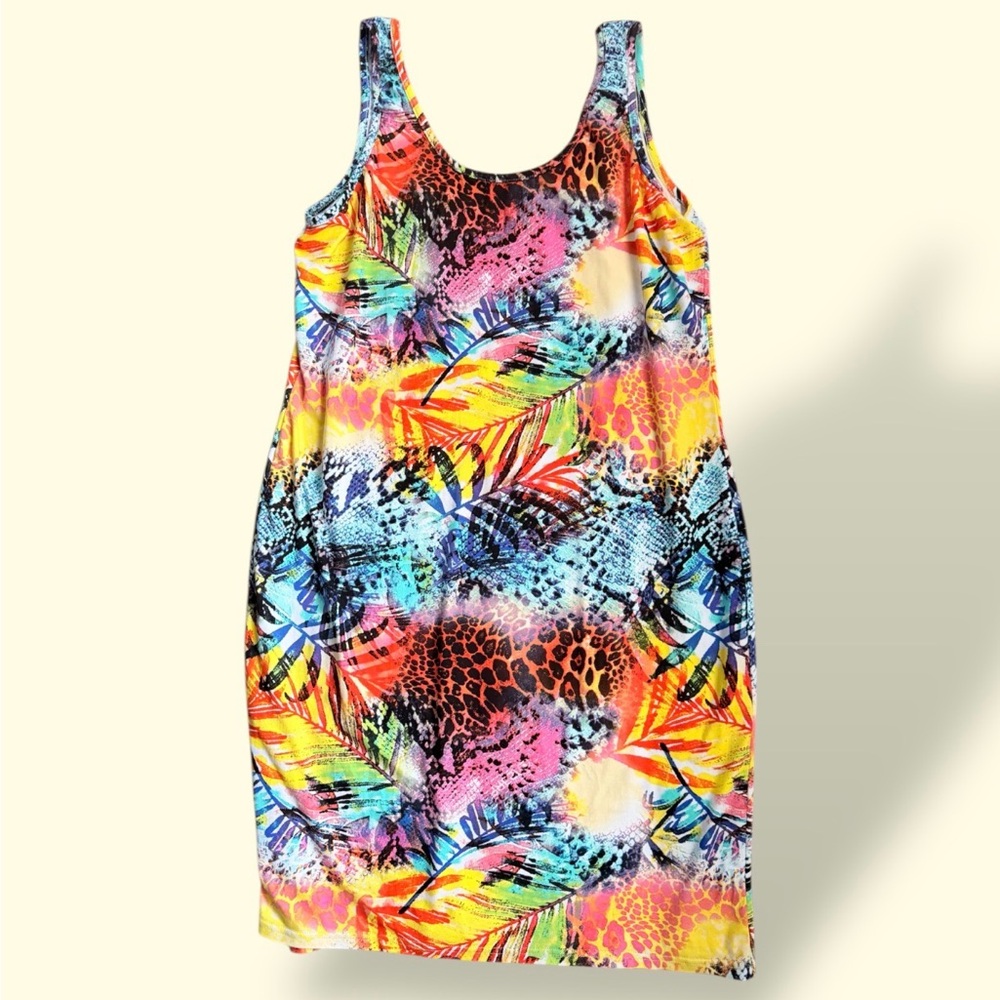 Plus-Size Multicolor Tropical Print Swim One-Piece Cover Dress - Picture 4 of 6